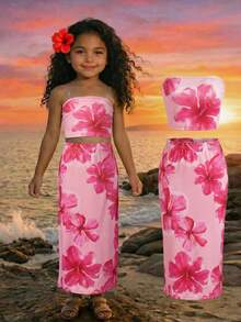 Young Girl Casual Vacation Floral Print Camisole Top And Floral Print Skirt Set - Pink - View 1