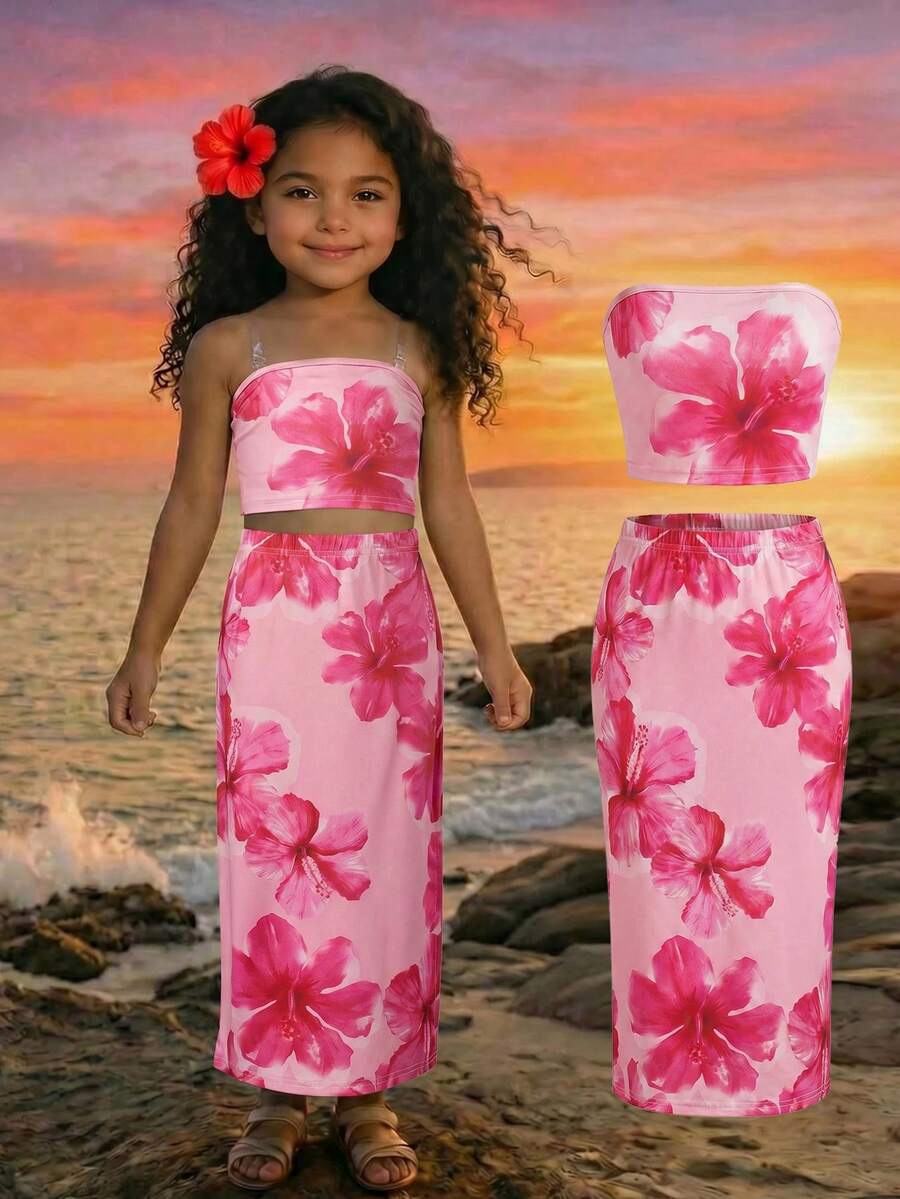 Young Girl Casual Vacation Floral Print Camisole Top And Floral Print Skirt Set - Pink - View 1