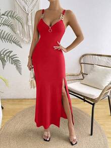 SHEIN Women's Solid Color Deep V-Neck Metal Buckle Zipper Split Fitted Dress Suitable For Parties And Holidays - Red - View 6
