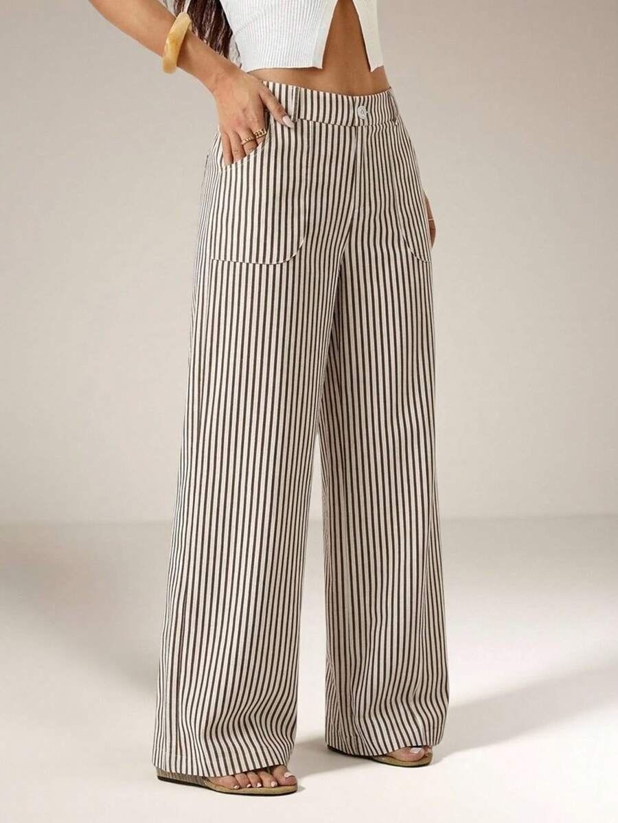 SHEIN PETITE Celana Panjang Lurus Pinggang Rendah Bahan Linen untuk Wanita Musim Panas Musim Gugur, Pakaian, Wanita Bertubuh Mungil - Khaki - View 1