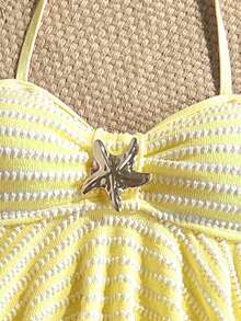 SHEIN Tween Girls Knit Striped Textured Pink Halter Neck Ruffle Swimsuit Set - Yellow - View 5