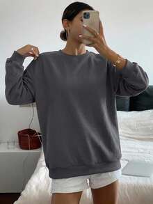 DAZY Women's Solid Color Round Neck Loose Long Sleeve Sweatshirt,Long Sleeve Tops,Fall Clothes,Back To School Clothes - Dark Grey - View 7