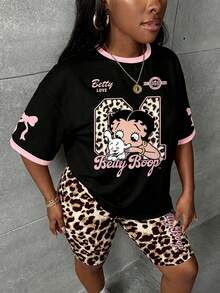 Slaydiva Betty Boop x SHEIN 加大码夏季街头卡通图案撞色滚边短袖T恤和豹纹短裤两件套 - 彩色 - 查看 7