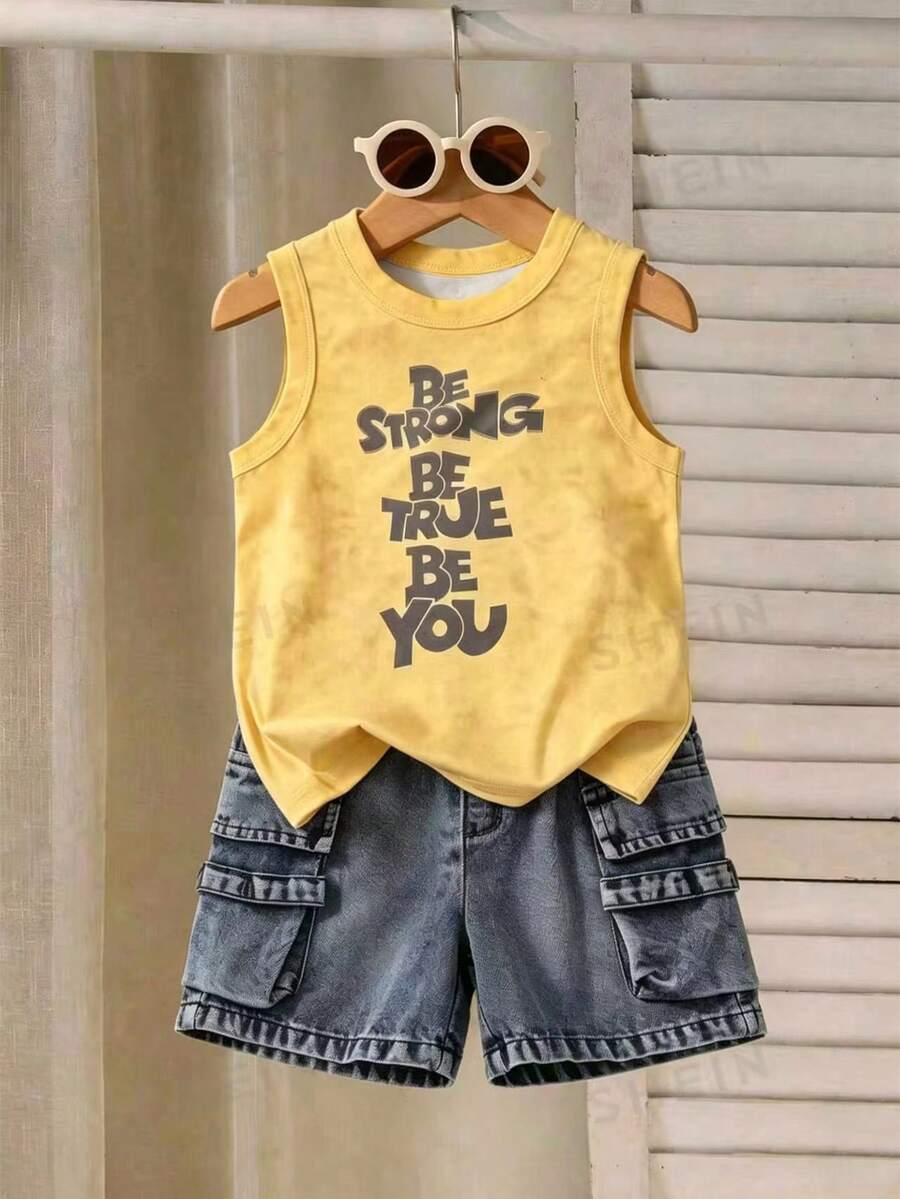 SHEIN 2pcs/Set Toddler Boys' Sleeveless Top & Denim Shorts Set, Street Casual Retro Style Summer Outfit - Yellow - View 1