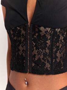 SHEIN BAE Women's Summer Sexy Lace Patchwork Top - Black - View 7