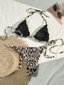 Swim Vcay Bộ đồ bơi bikini dây hở lưng họa tiết da báo nhún bèo đi biển mùa hè cho nữ 2 món - Nhiều màu - Xem 2