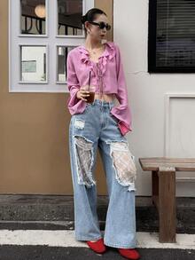 DAZY Women's Spring/Autumn Casual Vacation Style Solid Color Multi-Layer Ruffle Tie-Knot Flared Sleeve Cropped Top - Pink - View 9
