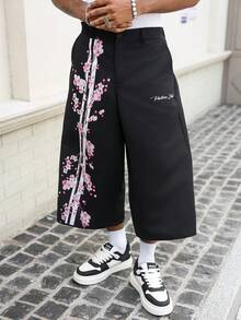 PAVTROS Men's Black Summer Streetwear 3/4 Pants,Cherry Blossom & English Text Print Y2K Skateboarding City Break Flower Girl Casual Skateboard Gift Pants - Black - View 1
