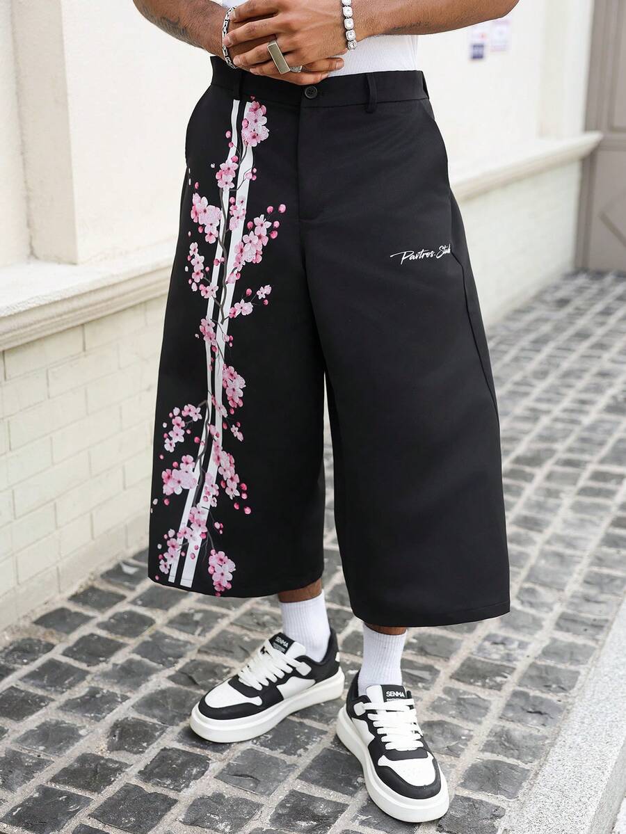 PAVTROS Men's Black Summer Streetwear 3/4 Pants,Cherry Blossom & English Text Print Y2K Skateboarding City Break Flower Girl Casual Skateboard Gift Pants - Black - View 1