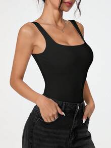 SHEIN PETITE 夏季休閒百搭無袖純色連身衣，適合嬌小女性 - 黑色 - 查看 9