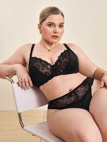 Hourtrue Plus Contrast Lace Underwire Bra Lingerie, Lift - Black - View 10