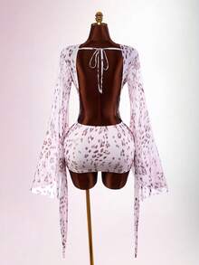Amplova Romantic Sexy Vacation Earthy Tone Low-Cut Drape Collar, Flare Sleeve, Bodycon Mini Dress Club Night White Animal Print Autumn - Pink - View 3