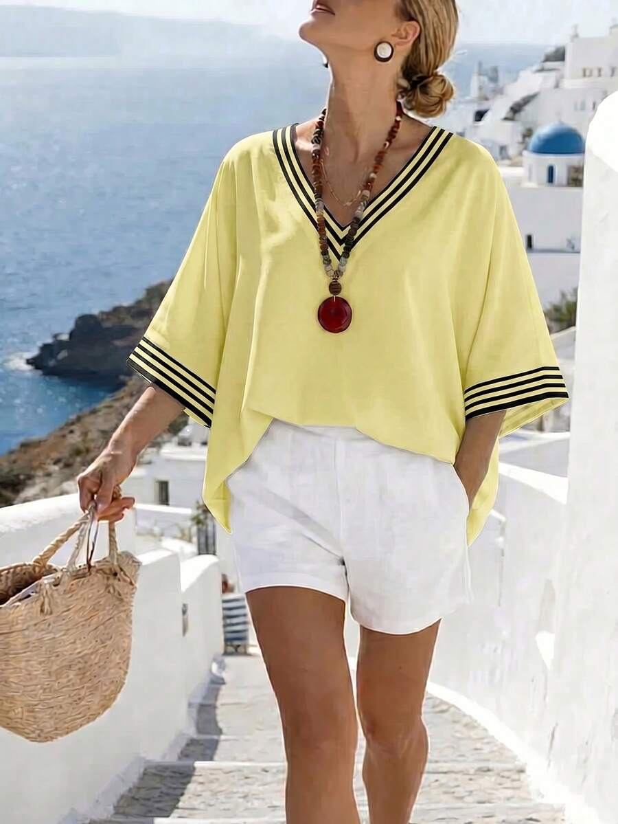 Wandoria Women's Loose V-Neck Striped Placement Print Casual Commuting Elegant Vacation Shirt Vacation Black And Yellow Summer - Multicolor - View 1