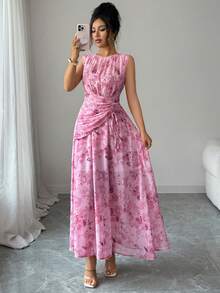 Elenzga Women's Casual Elegant Butterfly Print Chiffon Round Neck A-Line Elastic Waist Maxi Dress, Ruched Drawstring Waist Design, Lightweight Loose, Romantic Vintage Style, French Romantic Sicilian Elegant Dress, Suitable For Casual Office Vacation Afternoon Tea Party, Beach, Vacation, Office Commute And Other Summer Wear. - Pink - View 7