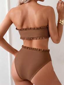 Swim Mod Women's Summer Beach Solid Color Ruffle Trim Bandeau Bikini Set With Front Knot, Two Pieces Swimwear Black Bathing Suits - Coffee Brown - View 2