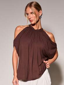 COSMINA Women's Summer Elegant Sexy Casual Solid Color Off-Shoulder Halter Neck T-Shirt Everyday Golf Pastal Going Out Brunch Date Party All Shades Of Brown - Brown - View 3