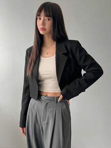 DAZY Spring And Autumn Casual Solid Color Lapel Collar Short Blazer Jacket,Fall Women Clothes Business Attire - Black - View 7