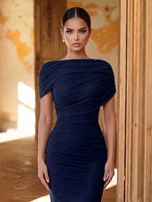 Aureia Elegant Chiffon Overlay Ruffle Decor Fishtail Bridesmaid Dress - Navy Blue - View 6