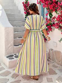 Vionelle Plus Size Vacation Style White V-Neck Waist-Cinching Dress Vacation Summer Boho - Green - View 2