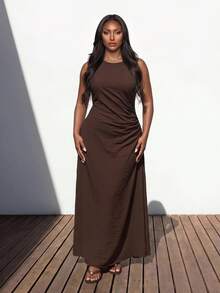 Truni Plus Size Backless Sleeveless Ruffled Flared Waist Mini Dress – Stylish Casual Elegant Summer Party Vacation Outfit Brown - Brown - View 4