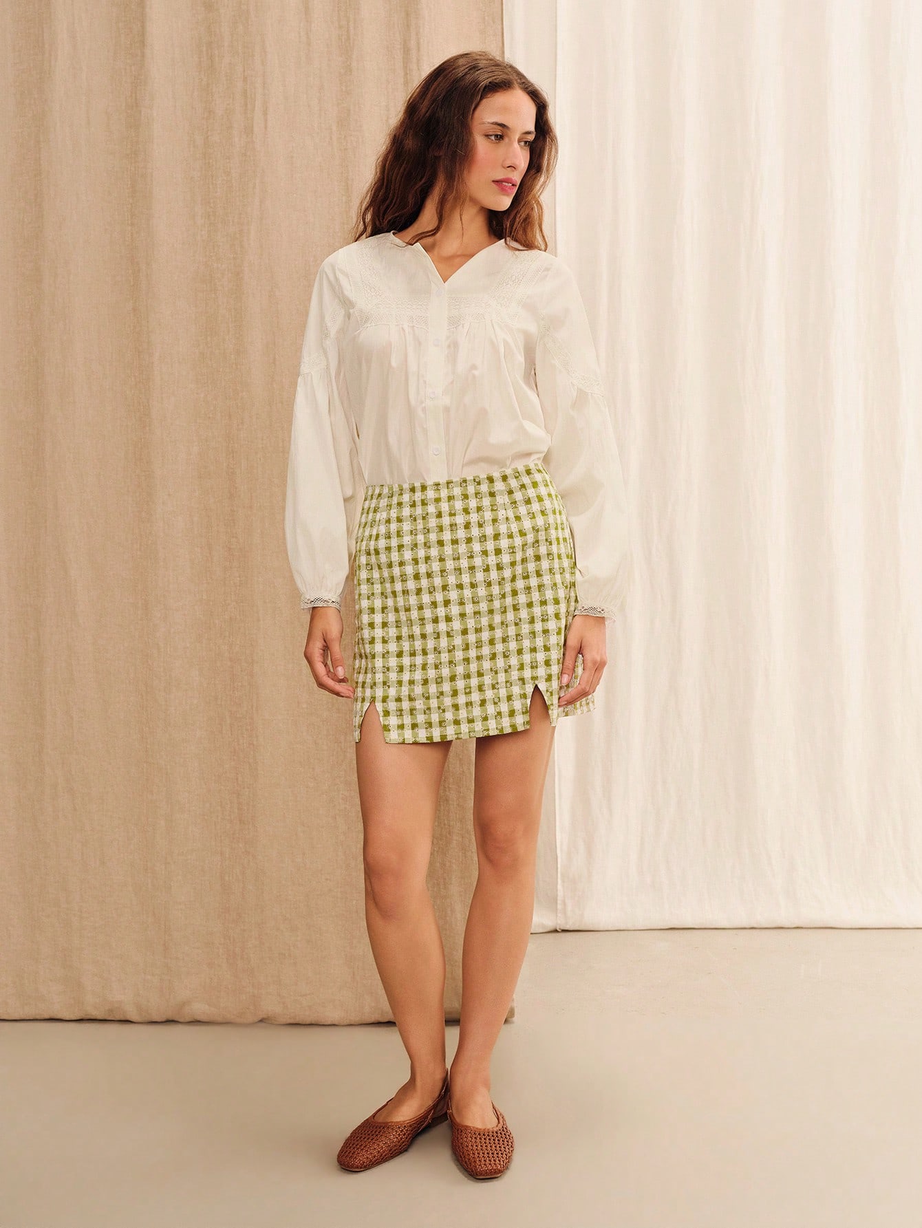 Green Gingham Embroidered Floral High-Waisted Mini Skirt Summer Holiday Casual Vintage Skirt