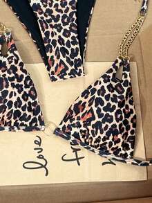 Swim Vcay Bikini sexy para mujer 2026 Primavera/Verano con copa triangular, cuello halter, estampado de leopardo, estilo sexy, decoración de cadena metálica, conector de anillo dorado, corte alto, adecuado para playa, piscina y escenas costeras - Negro - Ver 3