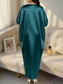 SHEIN Lady 四季通用度假洋裝/婚禮賓客套裝/舞會禮服/金色/晚禮服/金色女款緞面提花前開衩洋裝，休閒派對優雅風 - 墨綠色 - 查看 2