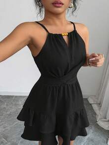 Elenzga Elegant Beaded Halter Tie Shoulder Ruffle Hem Plus Size Dress - Black - View 4