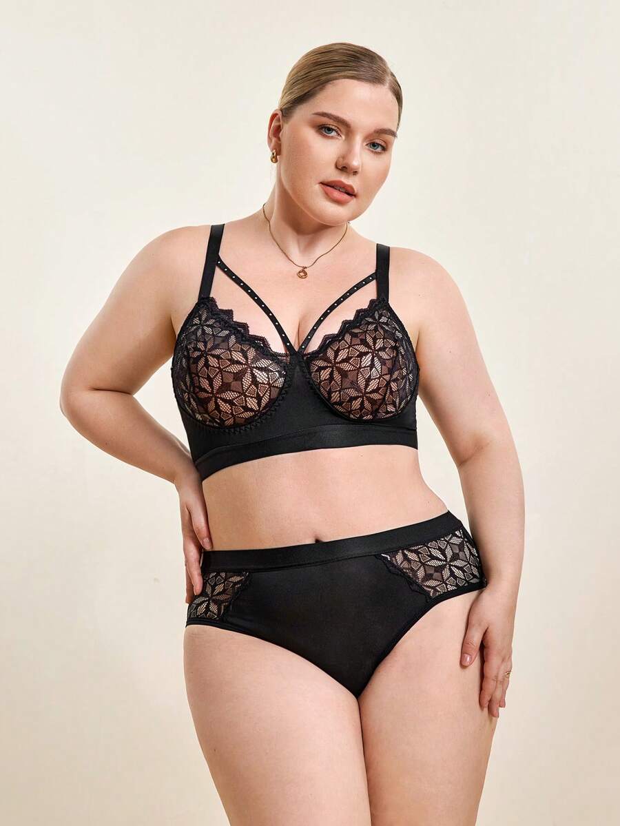 Hourtrue Plus Size Sexy Lace Underwire Bra Set - Black - View 1