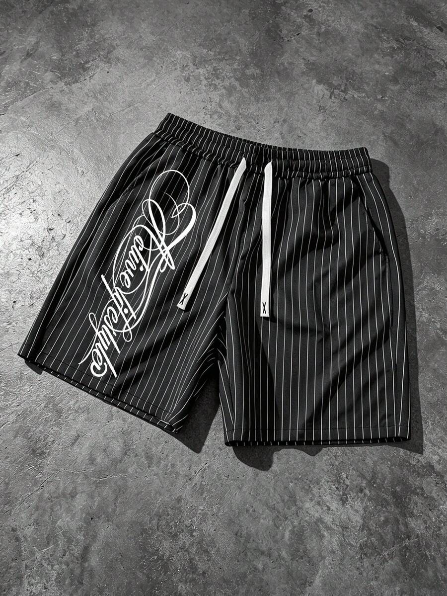 ROMWE MEN Pantalones cortos casuales con estampado de eslogan para hombres, adecuados para primavera y verano - Negro - Ver 1