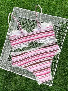 Swim Mod Women's Lace Beaded Decor Sweet Pink Bikini Bra And Bottoms 2 Pieces Set Beach Vacation Summer Tropical - Multicolor - View 2