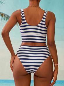 Swim Mod Women's Summer Vacation Beach Striped Square Neck Tankini Set - Navy Blue - View 2
