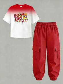 Boys Big T-Shirt Set Gradient Graffiti Letter Print Short Sleeve Crew Neck Cargo Pants Red And White Red Soft Elastic Loose Fit Summer School - Multicolor - View 3