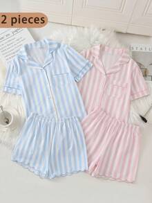 Girls' Pink And White Vertical Striped Short Sleeve Pajama Set, Sweet And Fresh Open Front Lapel Top With Wavy Hem And Leg Openings, Embroidered Casual Comfortable Loungewear For Spring And Summer - Blue - View 1