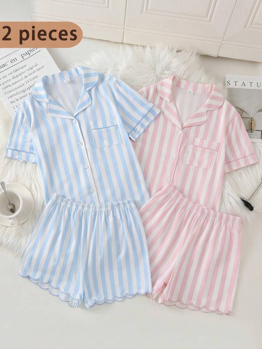 Girls' Pink And White Vertical Striped Short Sleeve Pajama Set, Sweet And Fresh Open Front Lapel Top With Wavy Hem And Leg Openings, Embroidered Casual Comfortable Loungewear For Spring And Summer - Blue - View 1