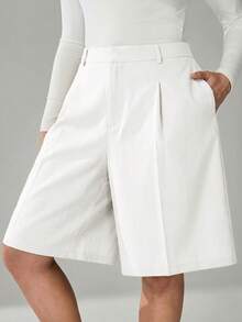 SHEIN Tall CURVE 大尺碼女款時尚素色機能通勤短褲 - 白色 - 查看 5