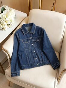 Qadelle Jaqueta Denim Casual Feminina com Aplicação de Strass, Primavera/Outono - Lavagem escura - Visão 1