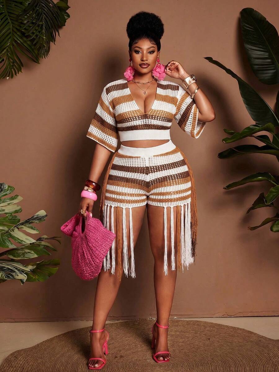Maweii Plus Size Women's Knitted Two Pieces Set, Various Colors, Diverse Styles, Short-Sleeved Top + Shorts, V-Neck, Fringed Decoration, Resort Style, Seaside Style, Sexy Style, Loose Style, Flowing Style, Sexy Style, Girlish Style, Women's Casual Wear, Women's Knitted Set, Women's Clothing, Summer, Spring, Swimsuit, Tight Swimsuit, Knitted Swimsuit - Multicolor - View 1