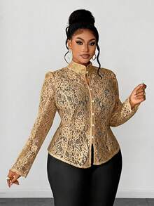 Maweii Plus Size Hollow Lace Stand Collar Button Long Sleeve Blouse - Mustard Yellow - View 3