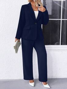 SHEIN EMERY ROSE CURVE Plus Size Women's Navy Blue Solid Notched Collar Long Sleeve Casual Work Blazer Jacket,Autumn Business Office Teacher Outfits For Fall Graduation - Navy Blue - View 6