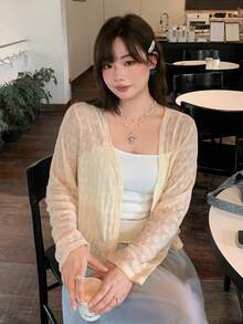 Dazy Plus 素色蕾絲V領修身長袖開襟外套 優雅大尺碼女款 春夏杏色薄款夾克 初秋可愛上衣 - 杏色 - 查看 7