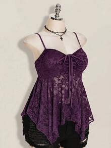 SHEIN ICON Plus Size Women's Lace Lace-Up Ruffle Sexy Versatile Date Night Out Cami Top - Purple - View 7