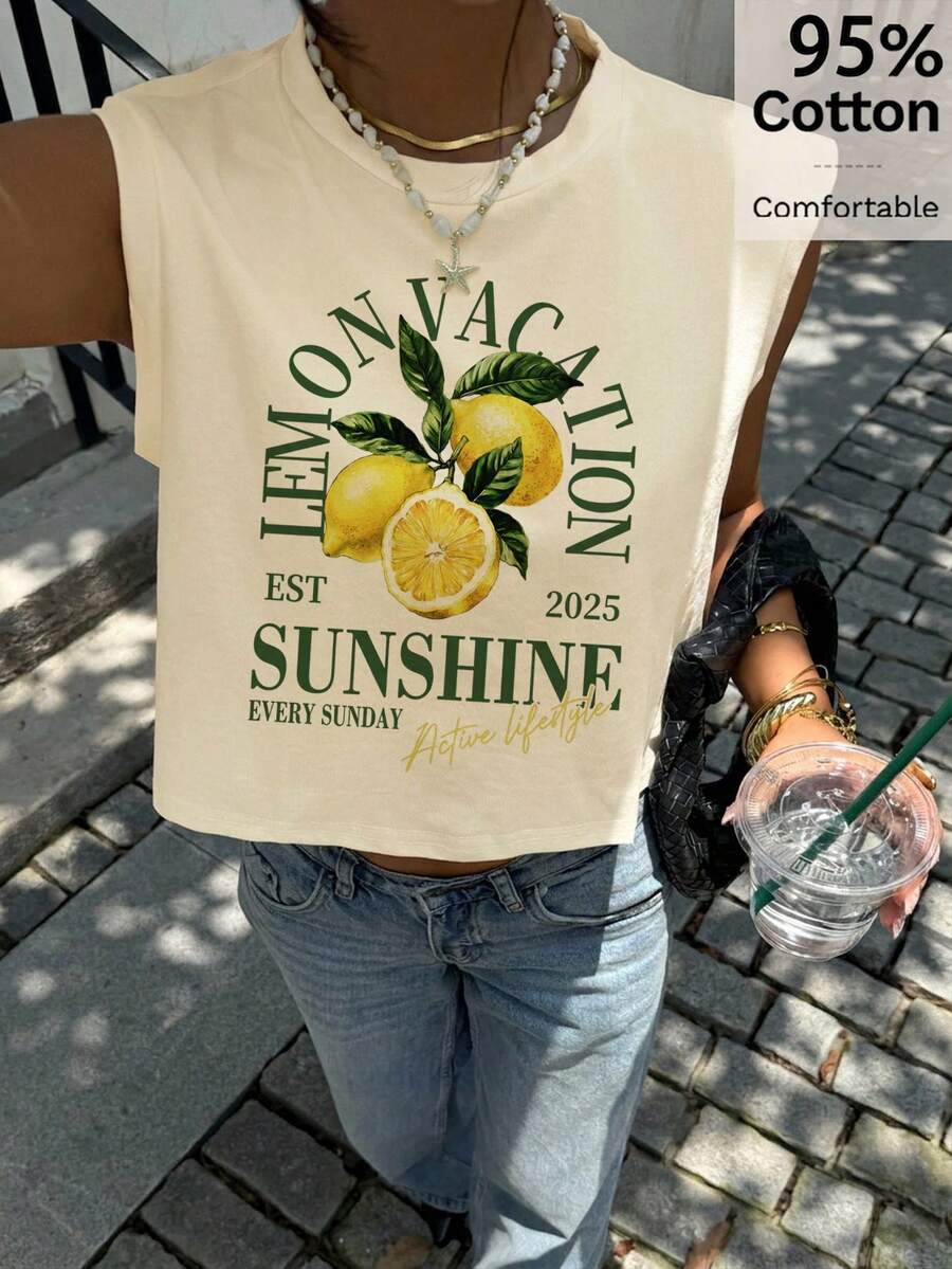 Siren Gaze ملابس علوية تانك نسائي كاجوال قصير بدون أكمام بياقة مستديرة من القطن بنسبة 95% مناسب للصيف بطبعة نمط الليمون - لون مشمشي - مشاهدة 1