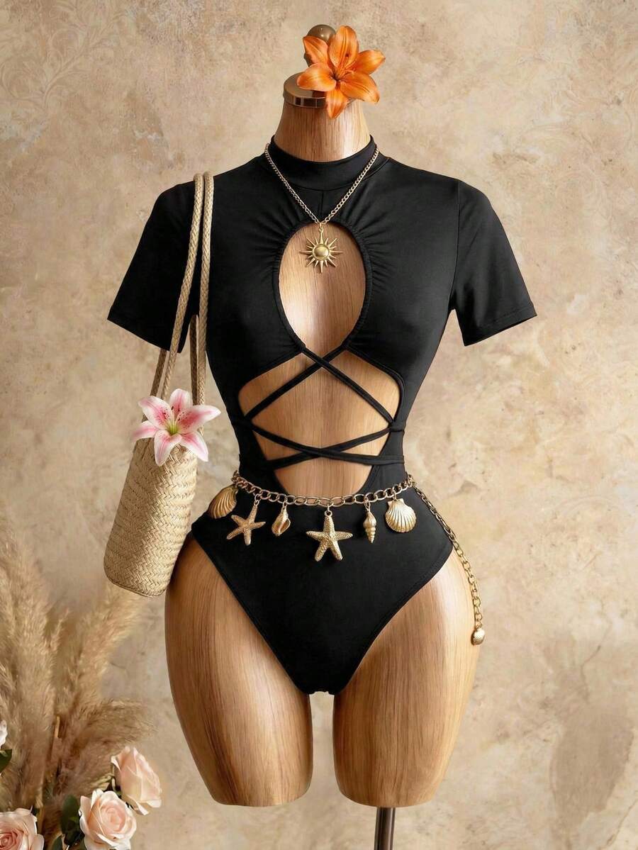 SHEIN PETITE 新款黑色性感鏤空連身衣 女款極簡性感風 高領短袖 抽繩收腰修身 熱辣女孩上衣 內搭層 小碼女款 - 黑色 - 查看 1