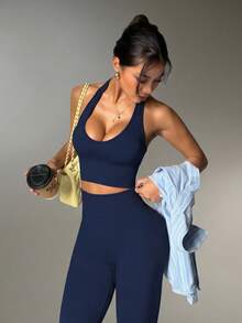 SHEIN Sports 女士纯色简约日常露背上衣和裤子运动套装 - 藏蓝色 - 查看 8