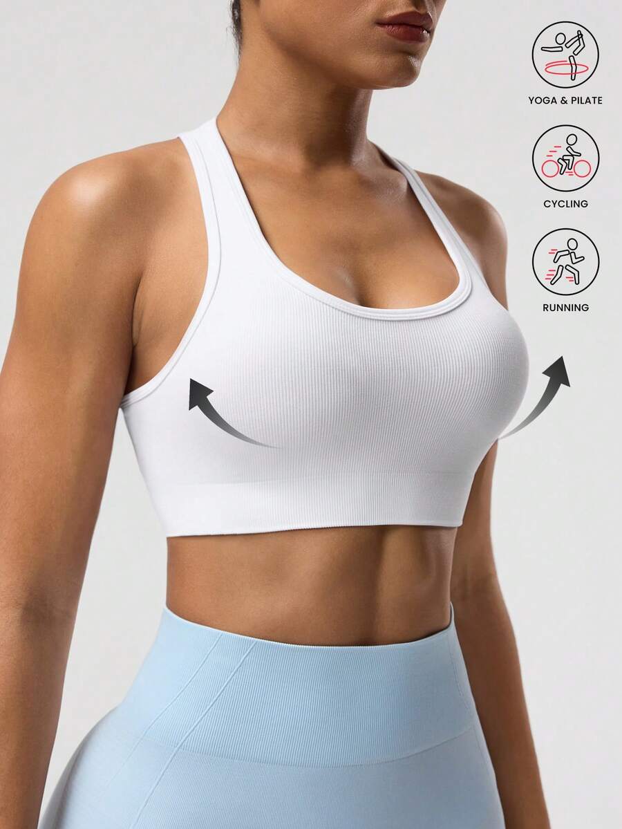 Seamluxe SHEIN Sport 女士纯色无袖短款健身瑜伽短款上衣 - 白色 - 查看 1