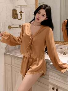 DAZY Romantic Lace Patchwork Satin Lace-Up Top & Ultra Short Shorts 2pcs Women's Pajama Set - Orange - View 4