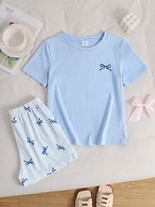 SHEIN 青少年女孩夏季新款藍色休閒寬鬆蝴蝶結印花家居服 - 藍色 - 查看 7