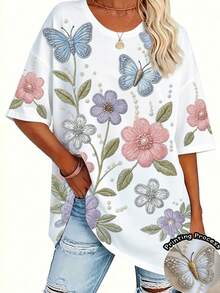 EMERY ROSE Large-Sized Women's Butterfly And Floral Print Short-Sleeved Round-Neck T-Shirt, Faux Embroidery Pattern Printed Casual T-Shirt, Summer Edition - Multicolor - View 1