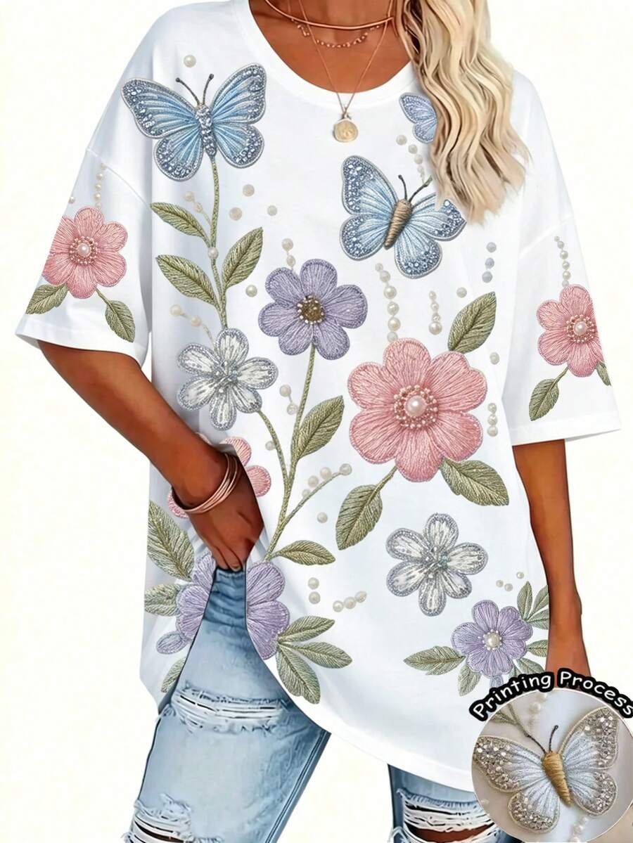 EMERY ROSE Large-Sized Women's Butterfly And Floral Print Short-Sleeved Round-Neck T-Shirt, Faux Embroidery Pattern Printed Casual T-Shirt, Summer Edition - Multicolor - View 1